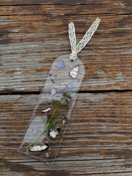 The Grace- Lavender Pressed Flower Resin Bookmark with Burnt Book Page Snippets